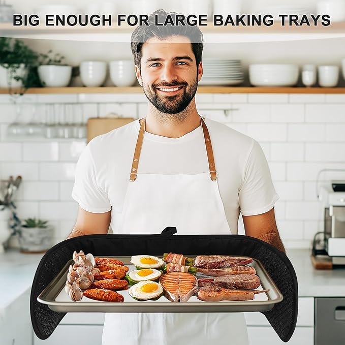 Philorn Black Double Oven Mitts，Heat Resistant 260℃ Waterproof Silicone Glove Kitchen Gloves Oven Extra Long Oven Mitts with Non-Slip Silicone Surface for Baking, Cooking, BBQ
