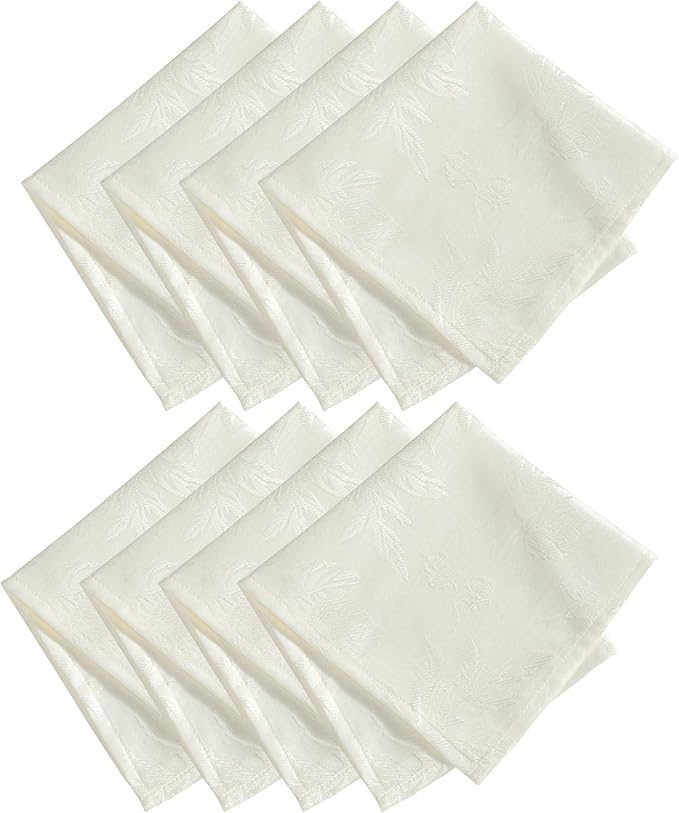 Elrene Home Fashions Elegant Woven Leaves Jacquard Damask Cloth Napkin Set, 17" x 17", Pack of 8, Ivory