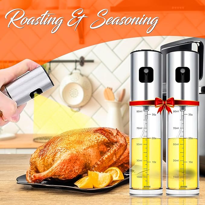 Oil Sprayer [100ml] Pack of 2, Stainless Steel Glass Bottle, Funnel + Clean Brush + Oil Brush added, Best Kitchen Gadgets for BBQ, Salad, Camping, Roasting, Air Fryer, Cooking