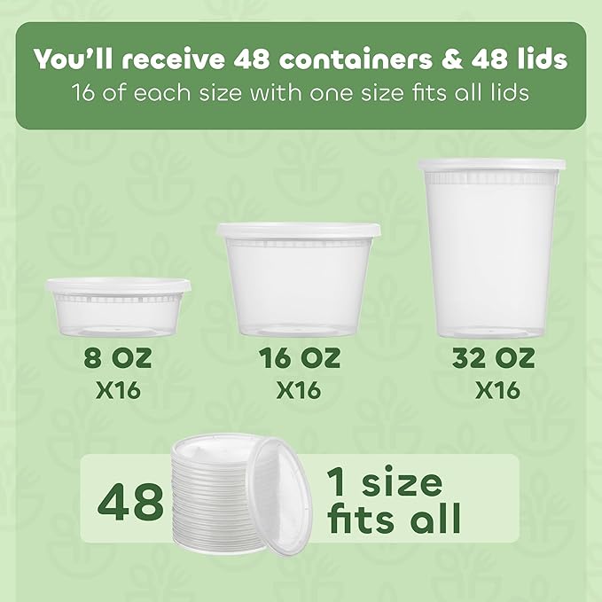 JoyServe 48 Sets Deli Containers with Lids – 8oz, 16oz & 32oz – Leak Proof, Microwaveable, Dishwasher & Freezer Safe – Plastic Food Storage & Soup Containers