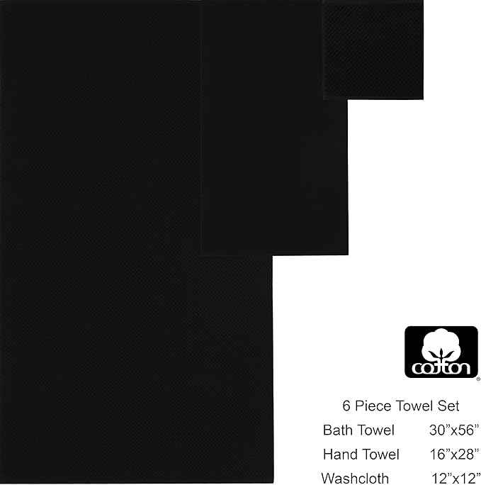COTTON CRAFT Waffle 6 Piece Towel Set - 100% Cotton - 2 Oversized Luxury Euro Spa Waffle Weave Large Bath Towels, 2 Hand Towels, 2 Washcloths - Absorbent Quick Dry Hotel Bathroom Shower Pool - Black