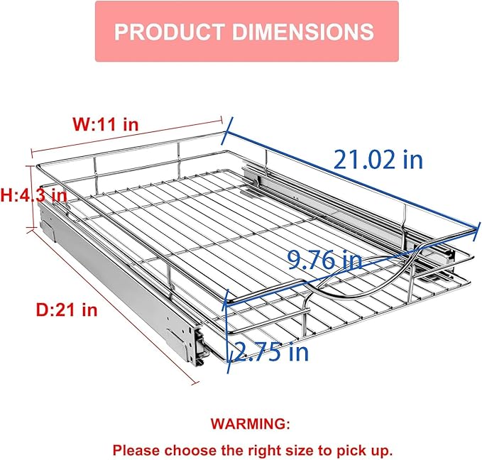 Sikarou Pull Out Cabinet Organizer 11" W x 21" D, Heavy Duty Kitchen Cabinet Pull Out Shelves, Slide Out Wire Basket for Kitchen Cabinets, Bathroom, Pantry, Chrome Finish