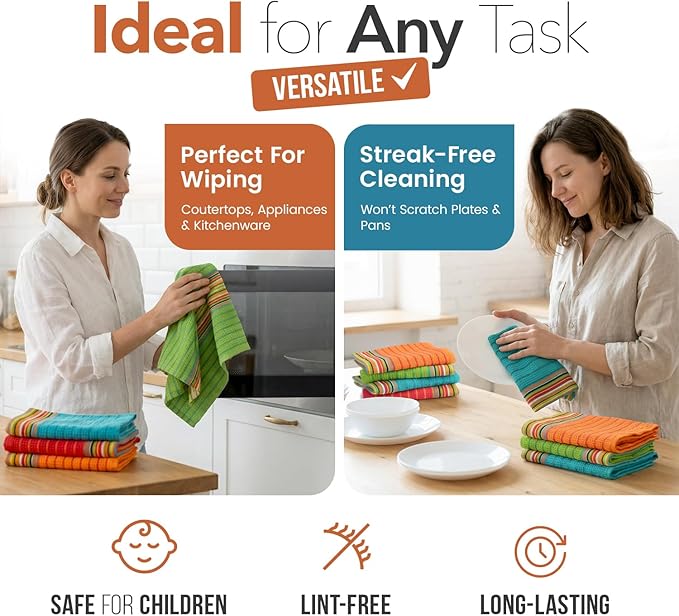 TEXAS LINEN CO. Kitchen Dish Towels, 100% Cotton Salsa Towels, Set of 12 (16x28 Inches), Multi Purpose Cooking Drying Restaurant Bar Cleaning Cloth Napkin, Highly Absorbent, Lint Free, Multi-Color