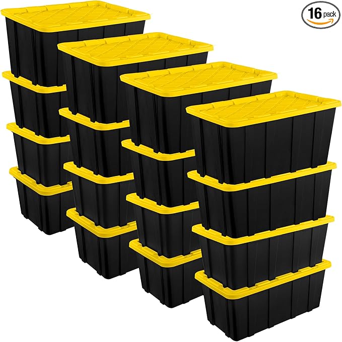 Sterilite 16-Pack Industrial Tote, Plastic Storage Container Bins with Lids, 38 Gallon - Heavy-Duty Organizing Containers for Closet, Bathroom, and Office