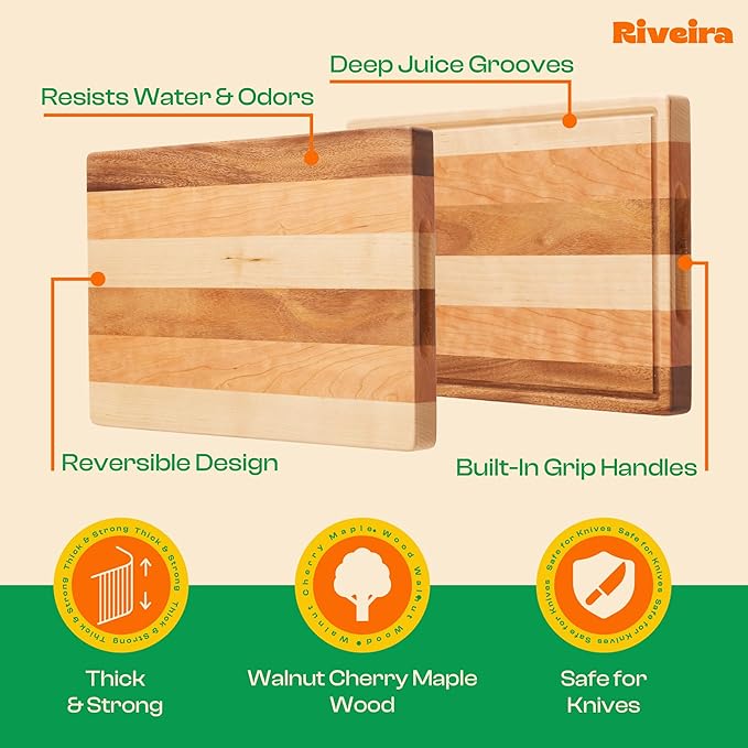 Riveira Walnut/Cherry/Maple Wood Cutting Board Set - Versatile And Durable: 3 Pcs Wooden Cutting Boards - Natural Wooden Cutting Boards For Kitchen Set - Complete Cutting Board
