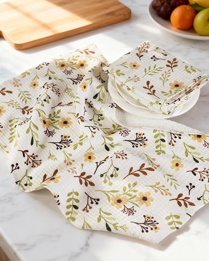 Miss Adola Cotton Waffle Kitchen Towels – Cute 370 GSM 16x25 Inch Terry Cloth Waffle Decorative Dishcloth for Kitchen Set of 2 with Hanging Loop Absorbent Hand Tea Towel for Home Design, Flower