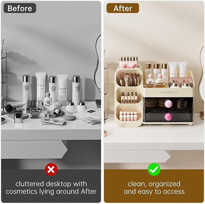 Makeup Organizer for Vanity with Brush Holder, Large Plastic Bathroom Countertop Skincare Organizer with 2 Drawers, Spacious Cosmetic Display Case for Perfumes, Eyeshadow Palettes, Nail Polishes