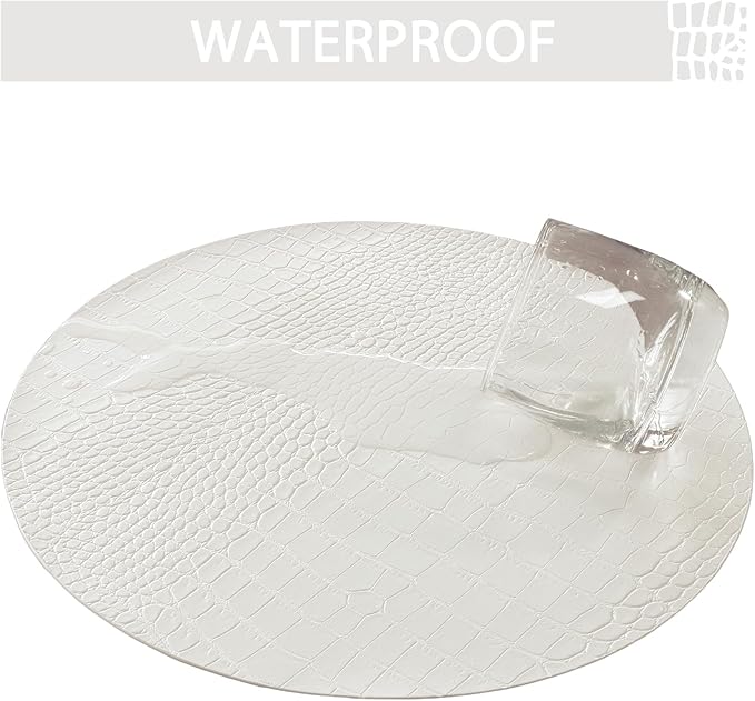 Jovono Round Leather Placemats for Round Tables Set of 4, White Place Mats and Coasters, Wipeable Waterproof Heat Resistant Table Mats Easy to Care for Indoor Decor 13 inch Diameter
