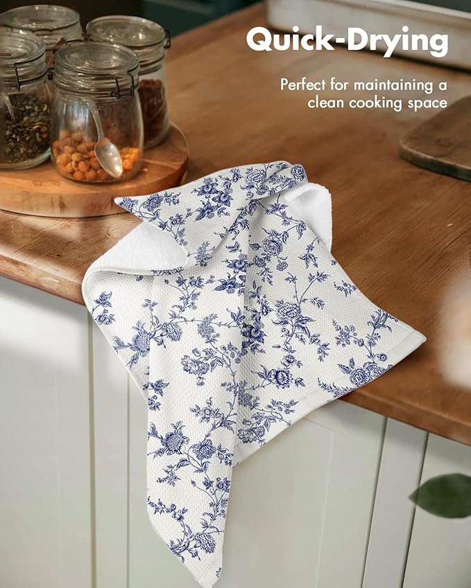 Miss Adola 2pcs Waffle Kitchen Towels - 16x26 Inch Cotton Waffle Weave Dish Cloths Set of 2 with Hanging Loop Absorbent Hand Tea Towels French Country Design for Housewarming Gift, Toile Print