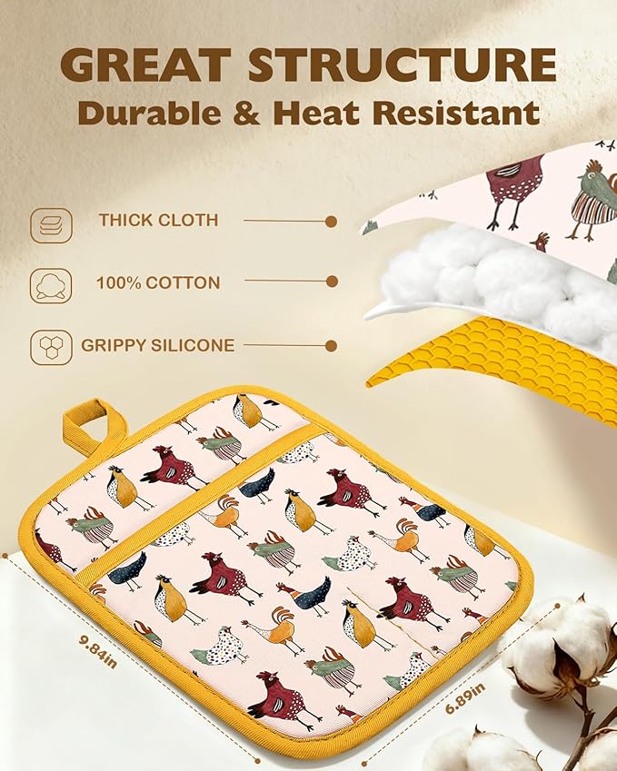 Slohif Silcone Chicken Pot Holders for Kitchen - 100% Cotton Yellow Cute Oven Potholders with Pockets, Heat Resistant Square Thick Hot Pads, House New Home Baking Baker Gifts,2pack