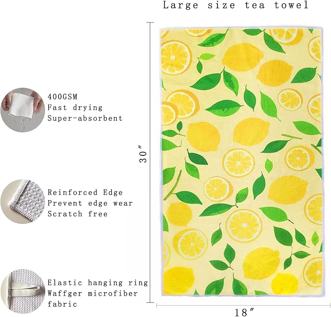 18” x 30” Highly Absorbent Kitchen Towels, Quick Dry Microfiber Tea Towel, Dish Towels for Kitchen Drying, Ultra Soft Premium Hand Towels (Lemon)