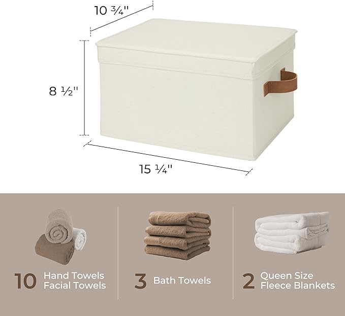 StorageWorks Storage Basket with Lid, Decorative Storage Boxes with PU Handles, Stackable Fabric Storage Bins for Closet, Shelves, Ivory, Large, 3-Pack