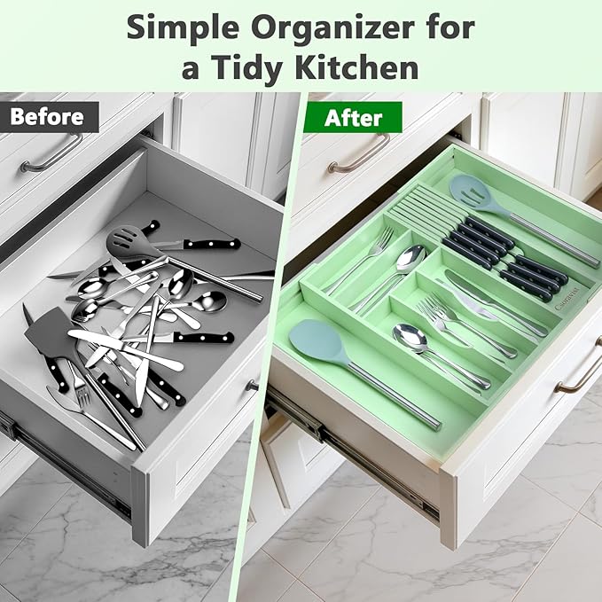 9-Piece Bamboo Kitchen Drawer Organizer Set, Expandable Silverware &Utensil Organizer with Removable Knife Block & Steak Knives, Flatware Organization, Tableware Dividers Storage(Cyan)