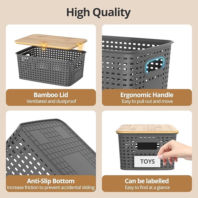 Plastic Storage Baskets with Bamboo Lids, Stackable Small Box Bins for Organizing and Containers for Shelves Drawers Desktop Closet Pantry Classroom Office Home, 6 Pack 10.2x7.2x4.1 Inch, Gray