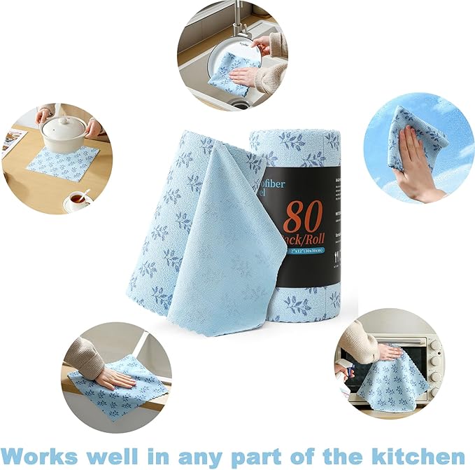 Microfiber Cleaning Cloth Roll,80 Pack Cleaning Towels,Lint Free Rags Paper Towels & Tear Away Reusable Towels,Washable Shop Rags Floral Wipe Cloth,Wash Cloths Dish Rags for Car Kitchen Window