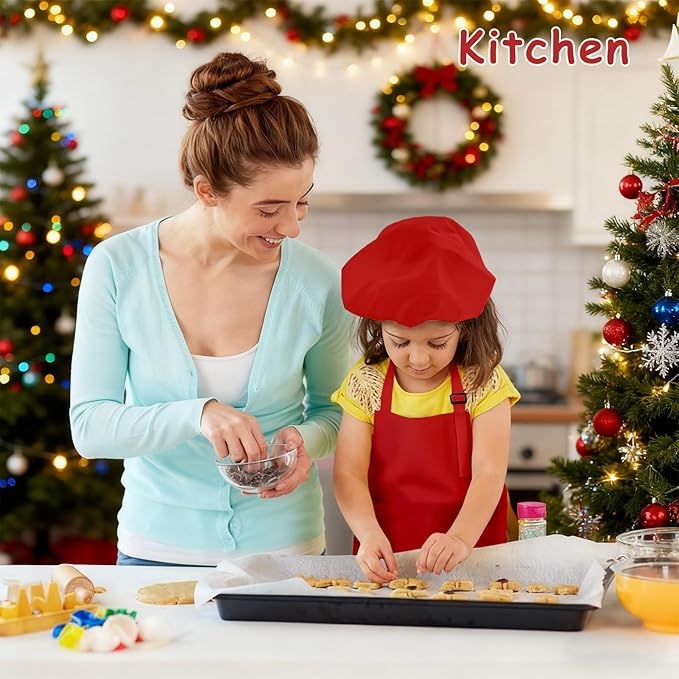 Kids Apron and Chef Hat Set, 16 Pieces Boys Girls Christmas Kids Apron with 2 Pockets Adjustable for Cooking Classroom Baking Painting, 6-13 Years(Red, Green)