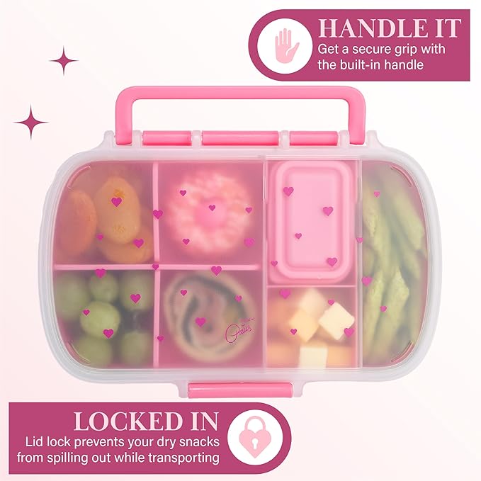 Paris Hilton 2-Pack Bento Style Snack Boxes, 7-Compartment Lunch Containers with Built-In Phone Stand, Removable Dividers and Dip Containers, Pink Heart Print