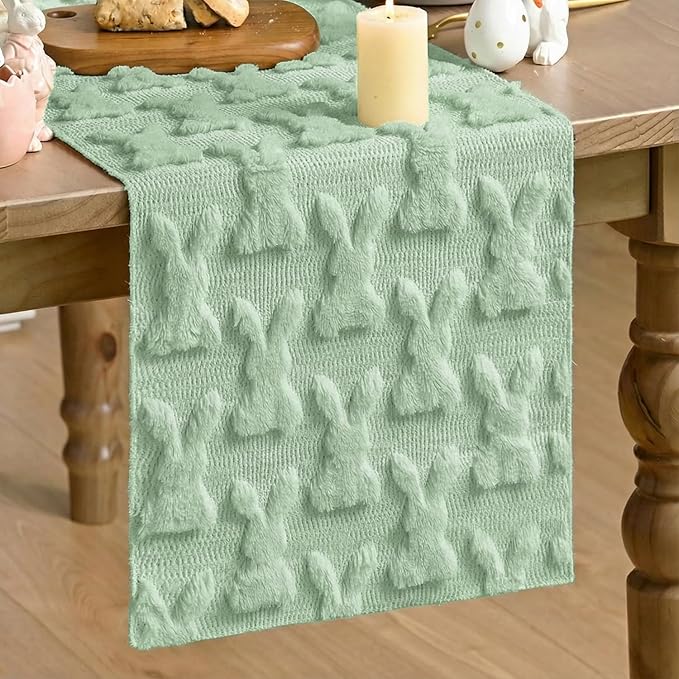 Artoid Mode Sage Green Soft Plush Faux Fur Jacquard Bunny Rabbit Easter Table Runner, Seasonal Kitchen Dining Table Decoration for Home Party Decor 13x72 Inch