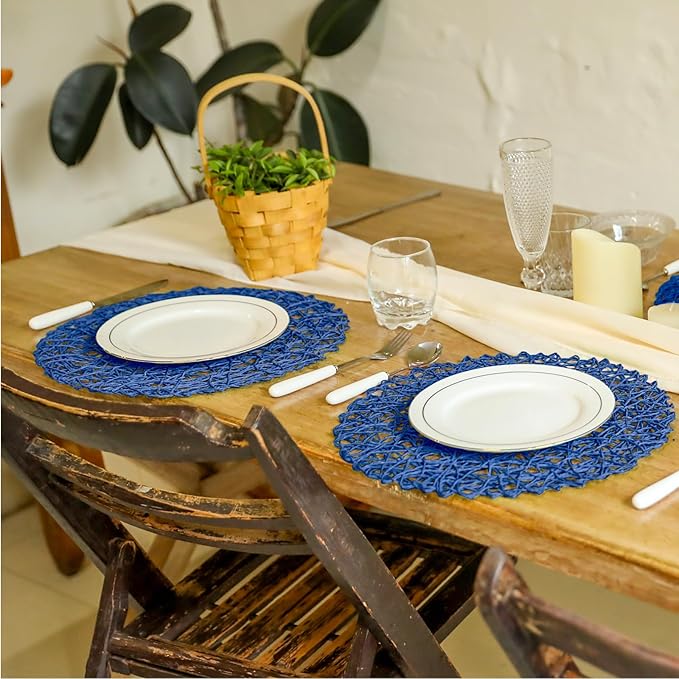 AHHFSMEI Paper Braided Round Placemats Set of 8 Natural Non-Slip Heat Resistant Table Mats for Dining Tables Farmhouse Woven Indoor Outdoor Place mats (Blue,8)