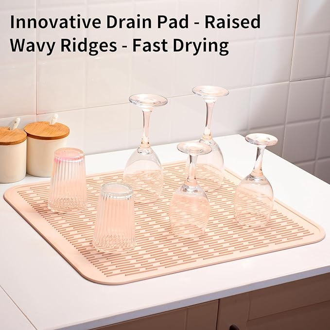 ZLR Large Silicone Dish Drying Mat (16" x 18") - XL Heavy Duty Drainboard Mat for Pots, Pans & Family Loads - Heat Resistant Trivet & Counter Protector, Easy Clean (Peach Pink)
