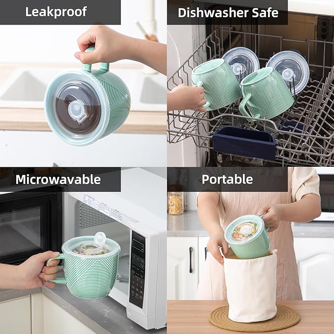 Ceramic Soup Bowl with Lid & Handle: 32 oz Microwave Safe Food Container for Ramen Noodles Cereal Leftovers - Extra Large Mugs for Breakfast Lunch Picnic Camping - Mint Green, Set of 2