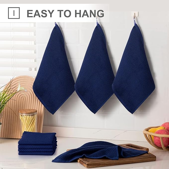 joybest Cotton Kitchen Dish Cloths, 8-Pack Waffle Weave Ultra Soft Absorbent Dish Towels Washcloths Quick Drying Dish Rags, 12x12 Inches, Navy Blue