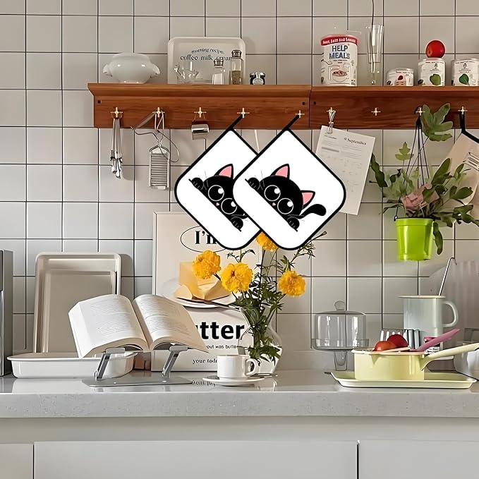 Cute Black Cat Pot Holders Set of 2,Kitchen Heat Resistant Potholder for BBQ Cooking Baking,Food Hot Pad for Women Men