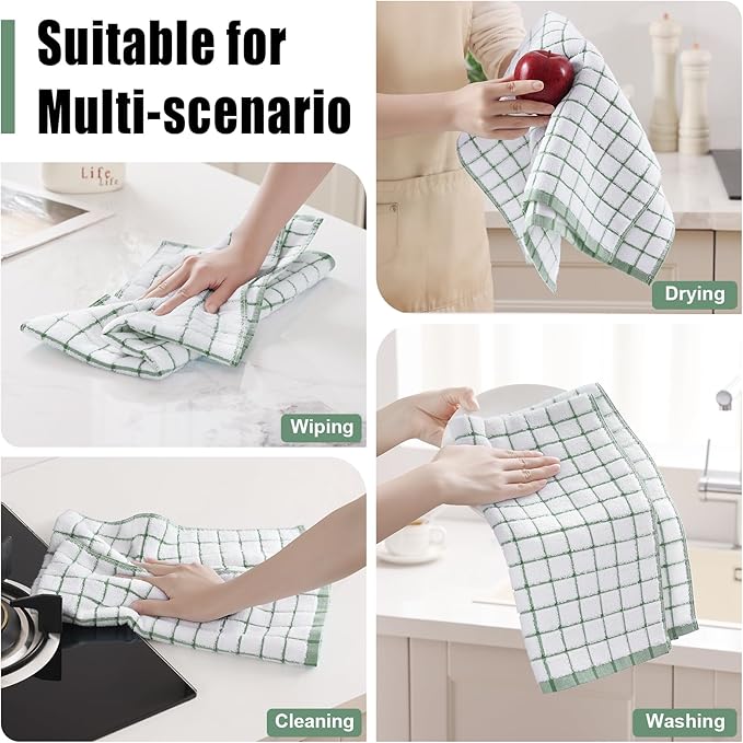 Homaxy Premium Kitchen Towels(16”x 28”, 8 Pack), Large Ring Spun Cotton Dish Towels, Super Absorbent Soft Terry Kitchen Hand Towels, Check Design Tea Towel Set with Hanging Loop, Grass Green