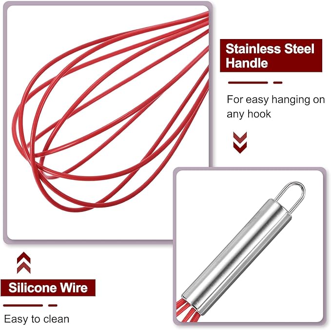 HARFINGTON 5Pcs Silicone Whisk 8" Kitchen Whisk Wire Whisks Beater with Stainless Steel Handle for Egg Milk Whisking Blending Beating & Stirring, Red