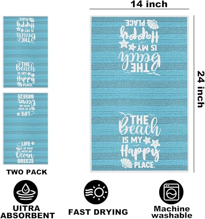 Jztco 2 Pcs Beach Coastal Kitchen Towels, Reusable Hand Tea Towel, Microfiber Dish Cloths for Drying Dishes, Waffle Dish Towels for Bathroom Kitchen Decor, Coastal Beach Gifts for Women Mom