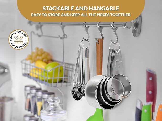 Stainless Steel Measuring Cups and Spoons Set 12 Piece Stackable Baking & Cooking Gadgets for Dry and Liquid Ingredients,Nesting Cups, Engraved Markings & Leveler,Dishwasher Safe Kitchen Tools