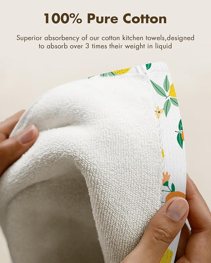 Miss Adola 2pcs Waffle Kitchen Towels - 16x26 Inch Cotton Waffle Weave Dish Cloths Set of 2 with Hanging Loop Absorbent Hand Tea Towels Fruits Design for Housewarming Gift, Citrus