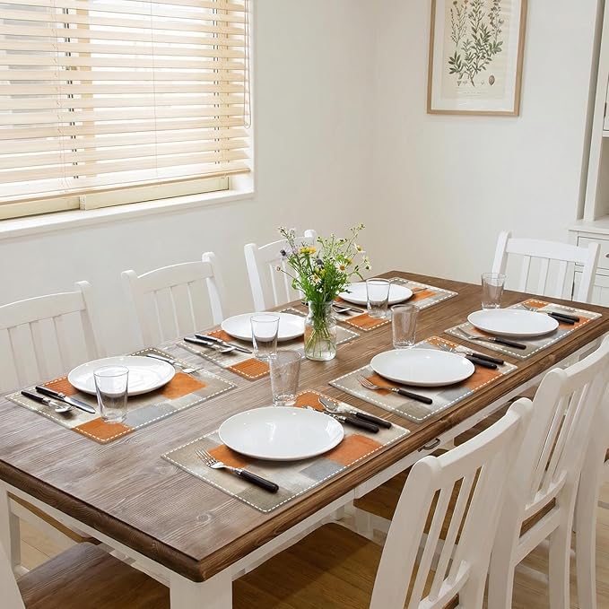 Emvency Farmhouse Placemats Set of 6, Modern Geometric Orange Neutral 12x18 Inch Linen Rectangular Place Abstract BeigeTable Mats for Indoors & Outdoor Home Party Kitchen Dining Decoration