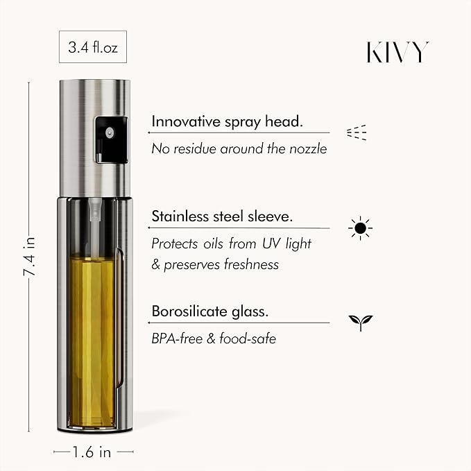 KIVY Glass Oil Sprayer for Cooking– Precise Oil & Vinegar Spray Bottle Oil Mister Spray Bottle for Food – Includes Funnel – Perfect for Cooking & Air Fryer (Brushed Stainless Steel)