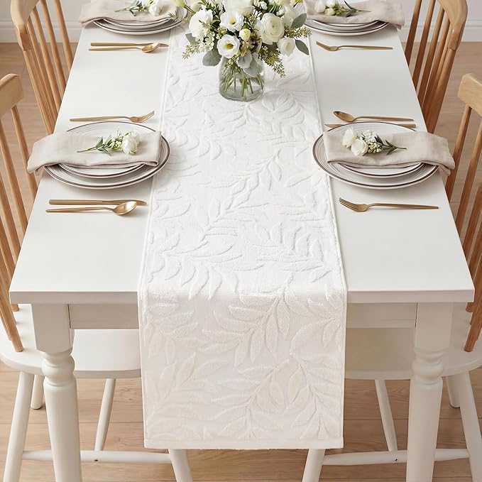 Artoid Mode White Soft Cotton Jacquard Leaves Spring Table Runner, Holiday Kitchen Dining Table Decoration for Home Party Decor 13x72 Inch