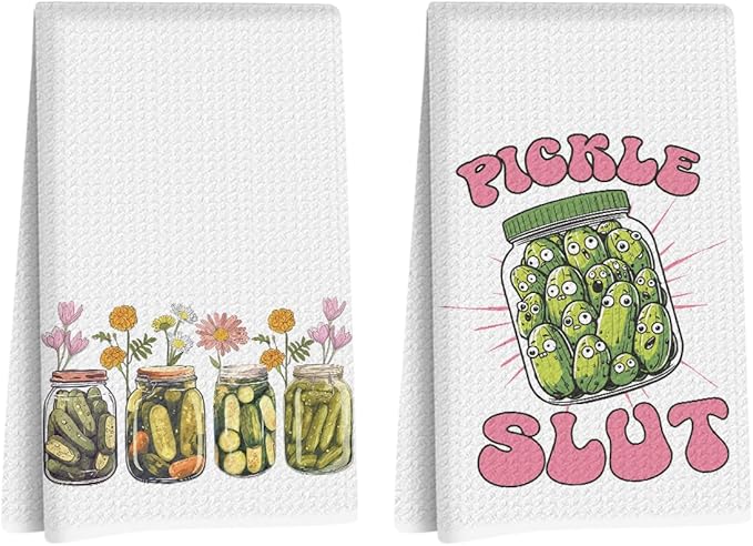 2Pcs Pickle Kitchen Towels, Pickle Lover Gifts Floral Tea Towel Decorative Reusable Dish Hand Towels Food Lover Gift for Cleaning Drying Women Housewarming Gift 14 x 24 Inch Kitchen Decor