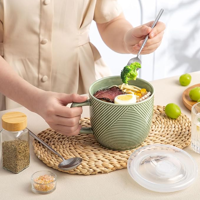 Ceramic Soup Bowl with Lid & Handle: 32 oz Microwave Safe Food Container for Ramen Noodles Cereal Leftovers - Extra Large Mugs for Breakfast Lunch Picnic Camping - Green, Set of 1