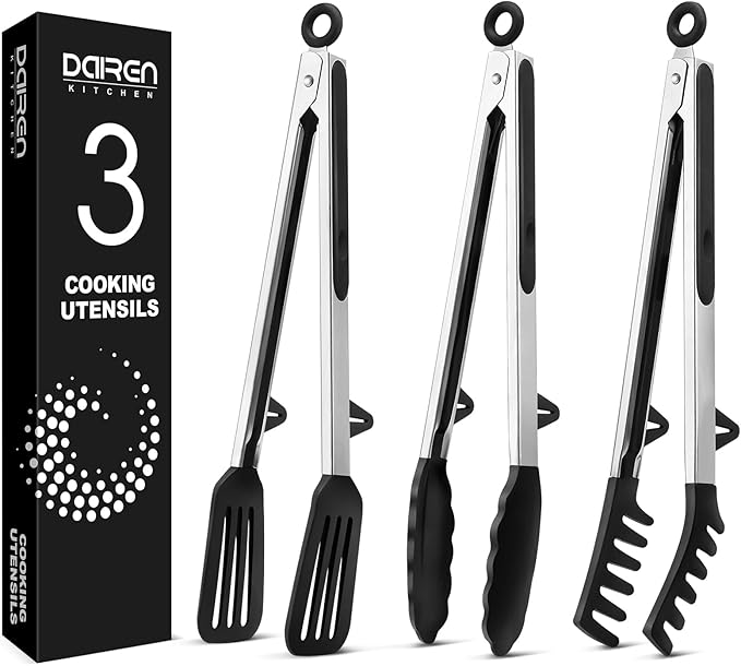 Kitchen Tongs for Cooking, Non Scratch Silicone Tip for Nonstick Cooking Pans, Food Grade Mini Serving Tongs, Pull Lock, Set of 3, Black (BLack, 12 inch)