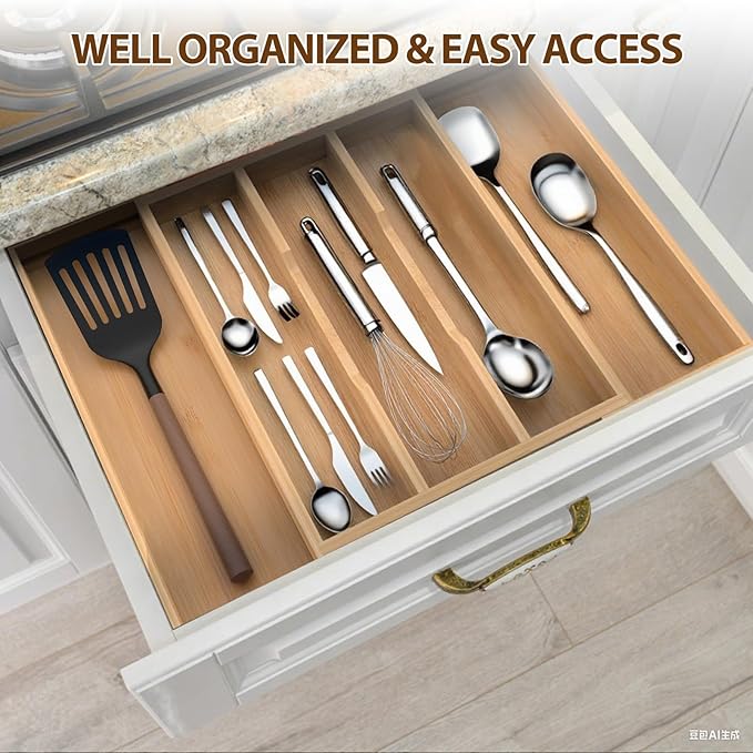 Bamboo Expandable Kitchen Drawer Organizer, 13" - 23" Adjustable Utensils Holder and Cutlery Tray, 3-5 Slots Drawer Organizer for Silverware Flatware