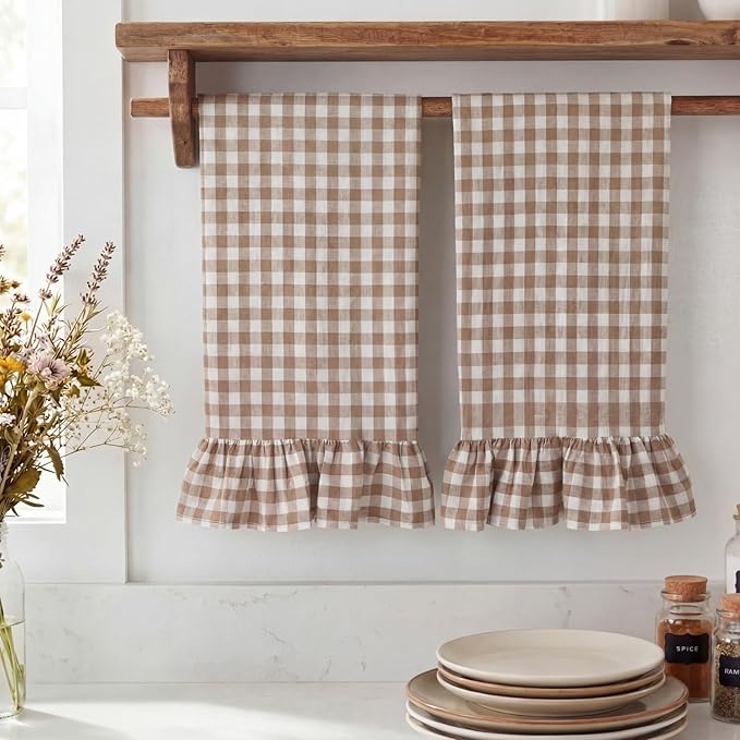 HunnmingRe Taupe Kitchen Towels Set of 2, 100% Cotton Ruffled Gingham Dish Towels 18"x28" Absorbent Tea Cloths Classic Plaid Pattern for Farmhouse Charm, Drying Dishes, Entertaining Guests
