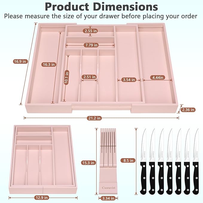 9-Piece Bamboo Kitchen Drawer Organizer Set, Expandable Silverware &Utensil Organizer with Removable Knife Block & Steak Knives, Flatware Organization, Tableware Dividers Storage(Pink)
