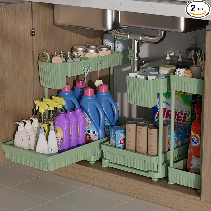 Sevenblue 3 Pack Multi-Purpose Under Sink Organizers and Storage, 2026 L-Shaped Pull Out Cabinet Organizer for Bathroom & Kitchen, Under Cabinet Organizer with Hooks Hanging Cup (Green, 12.85 inch)