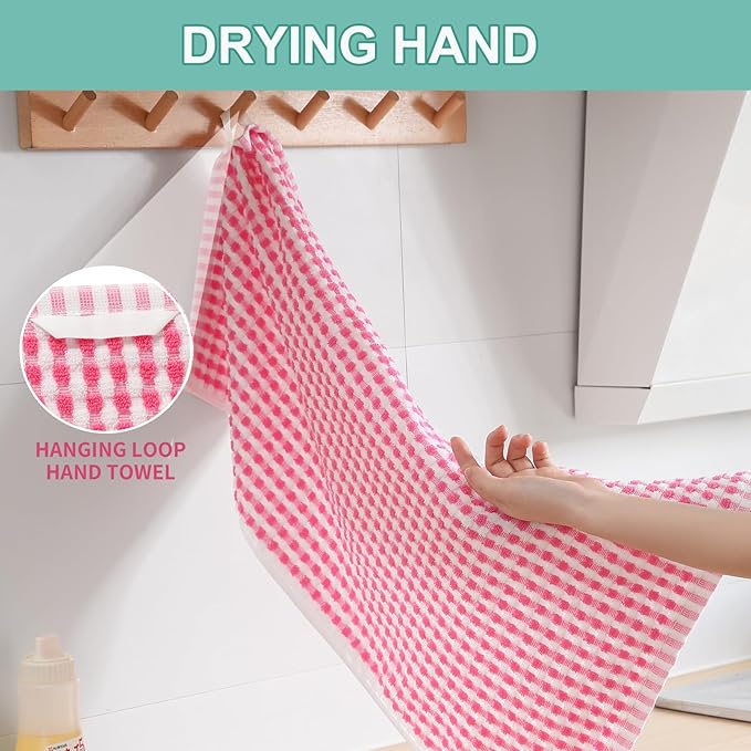 SALAS Cotton Dish Towels Cloths for Kitchen Drying Dishes, Lattice Terry Towels, Highly Absorbent Kitchen Cloths with Hanging Loop, 16‘’ x 26‘’, 4 Packs, Pink