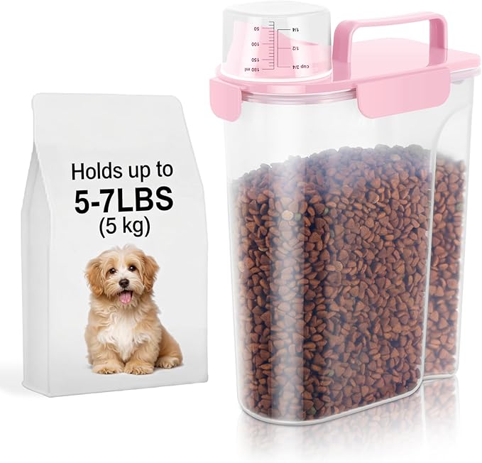 LEAWALK 5-7Lbs Dog Cat Food Storage Container with Upgraded Large Nozzle BPA-free, 4 Snap Seals Plastic Pet Food Storage Containers with Handles (Light Pink, 5L-1pack)