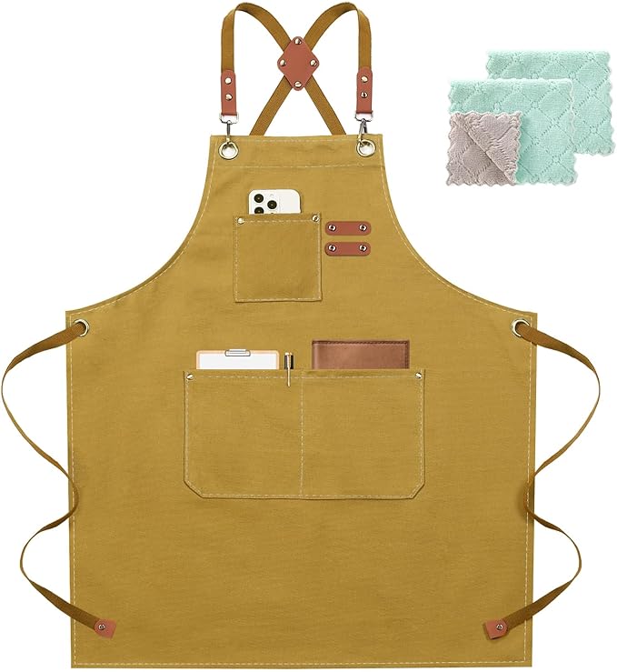 ZOMAO Chef Apron for Women Men with Large Pockets, Cotton Canvas Cross Back Waterproof Work Aprons for Kitchen Cooking Bib