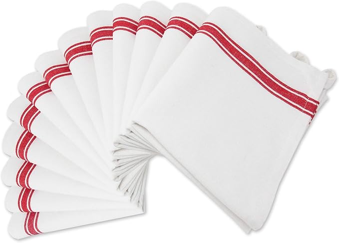 Aunti Em's Kitchen Dish Towels Set (13 Pack) Natural Cotton Fabric for Embroidery - Zero-Lint Cloth for Drying Glasses, Plates, Hand - 25.5 x 15.5 Inch (13-Pack Red Stripes)