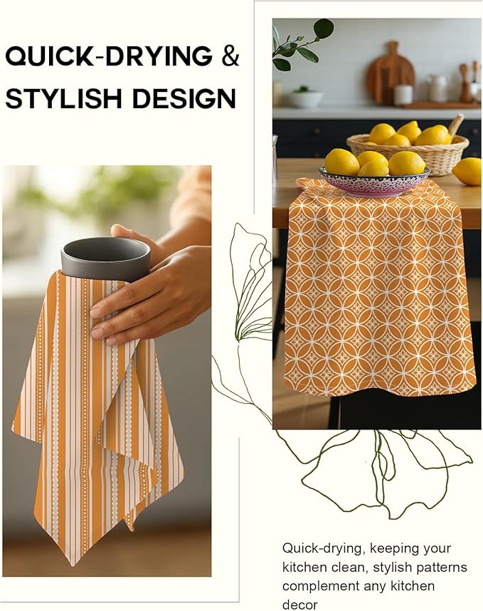 Miss Adola 2 Pack Flour Sack Kitchen Towels - 16x26 Inch Cotton Dish Towels with Hanging Loop Reusable Geometric Boho Modern Retro Tea Towel Absorbent Dishcloths Home Decor, Orange Stripe