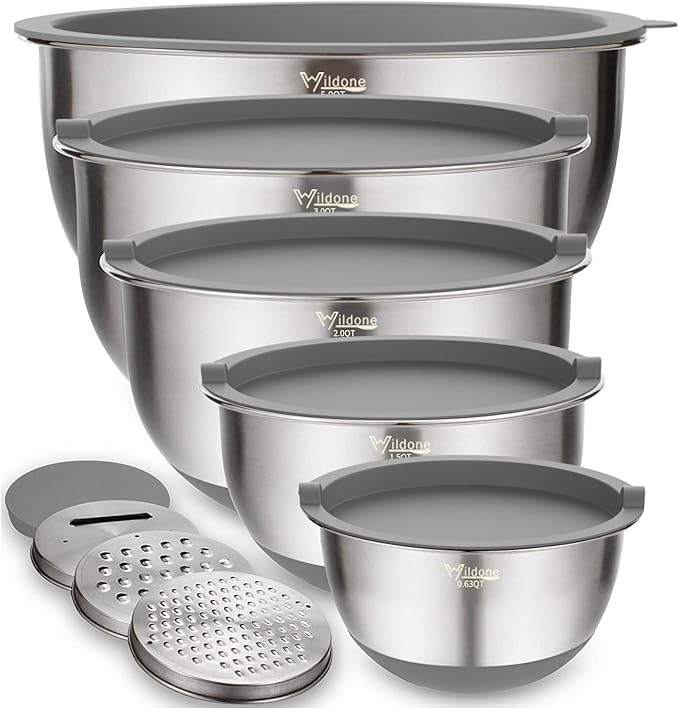 Wildone Mixing Bowls with Airtight Lids Set, 5PCS Stainless Steel Nesting Bowls Set for Kitchen, with Grater Attachments & Non-Slip Bottoms, Size 5, 3, 2, 1.5, 0.63 QT, Great for Baking & Serving