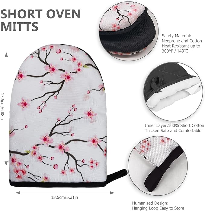 Pink Cherry Blossoms Oven Mitts, High Heat Resistant Kitchen Oven Gloves, Mini Silicone Oven Mitts, Non-Slip Grip Surfaces and Hanging Loop for Grilling, Baking, Cooking and Microwave, Gift