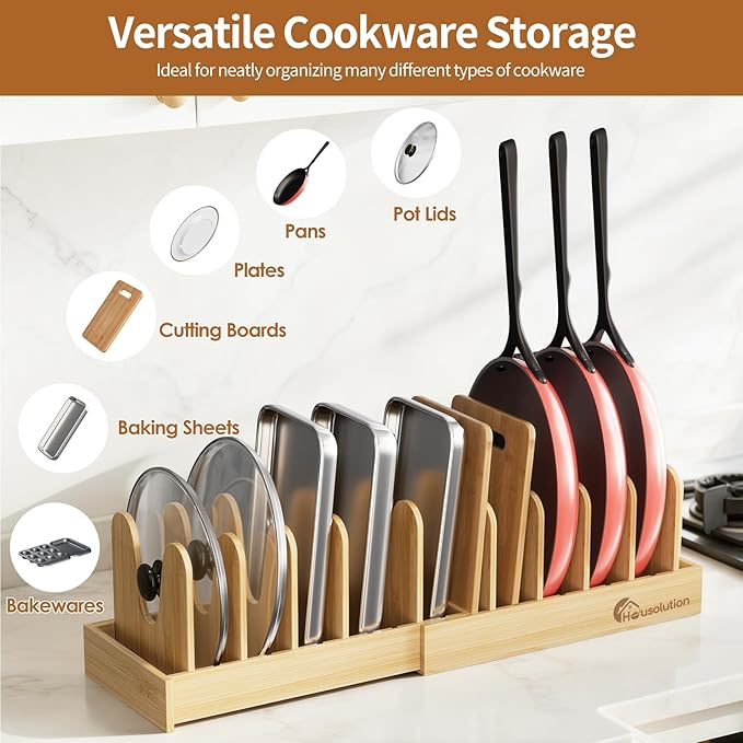 Housolution Bamboo Pot and Pan Organizer for Cabinet, 15"-29" Expandable Pot Lid Organizer with 10 Adjustable Dividers, Pan Holder Storage Rack with Solid Bamboo Wooden Base